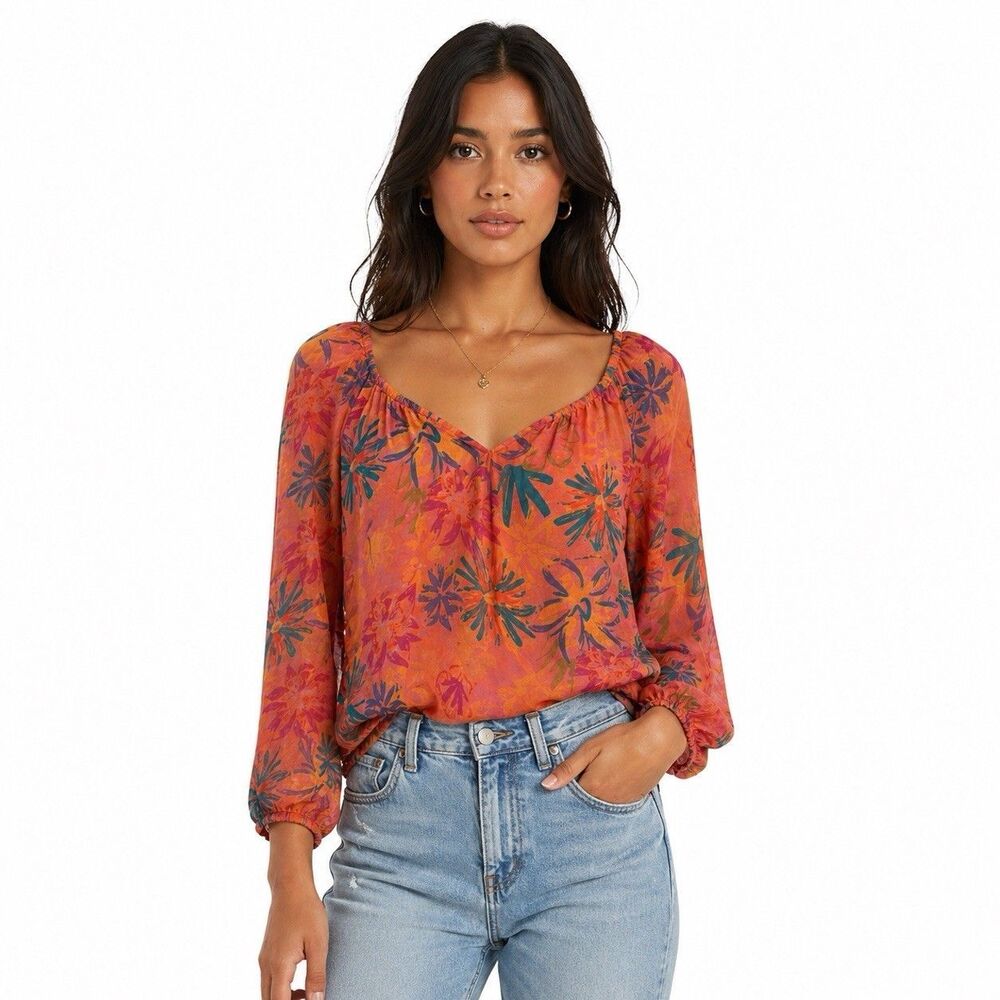 Fresh Produce Tunic Blouse Womens XS/SM Orange Floral V Neck Long Sleeve Top